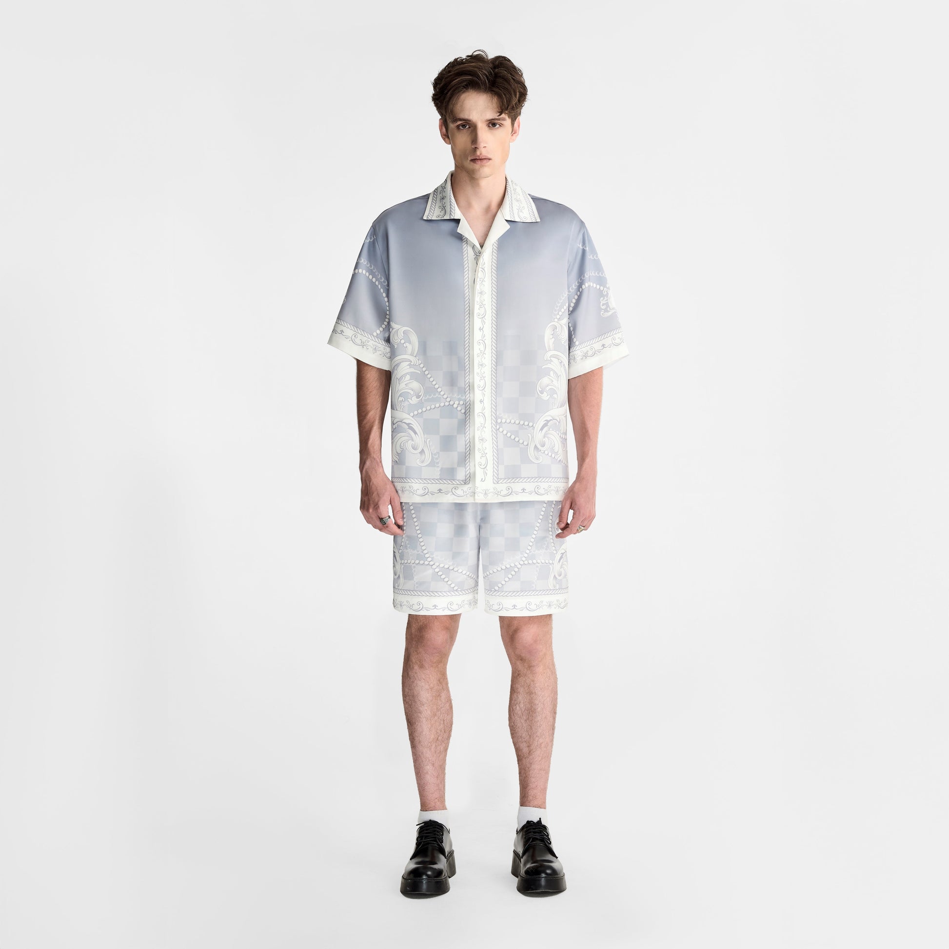 Epiphany Silk Shorts | Premium Printed Silk Tonal Checkerboard Gradient Grey