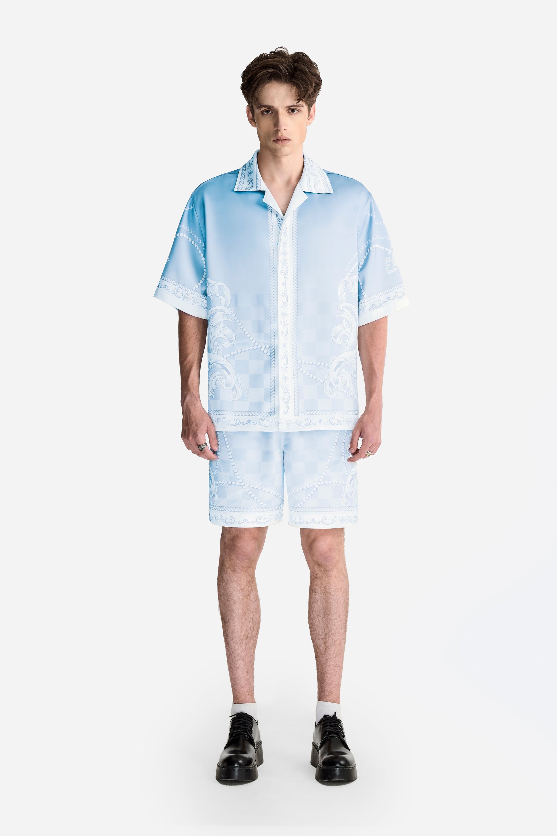 Epiphany Silk Shirt | Premium Printed Silk Cuban Collar Baroque Checkerboard Gradient Blue