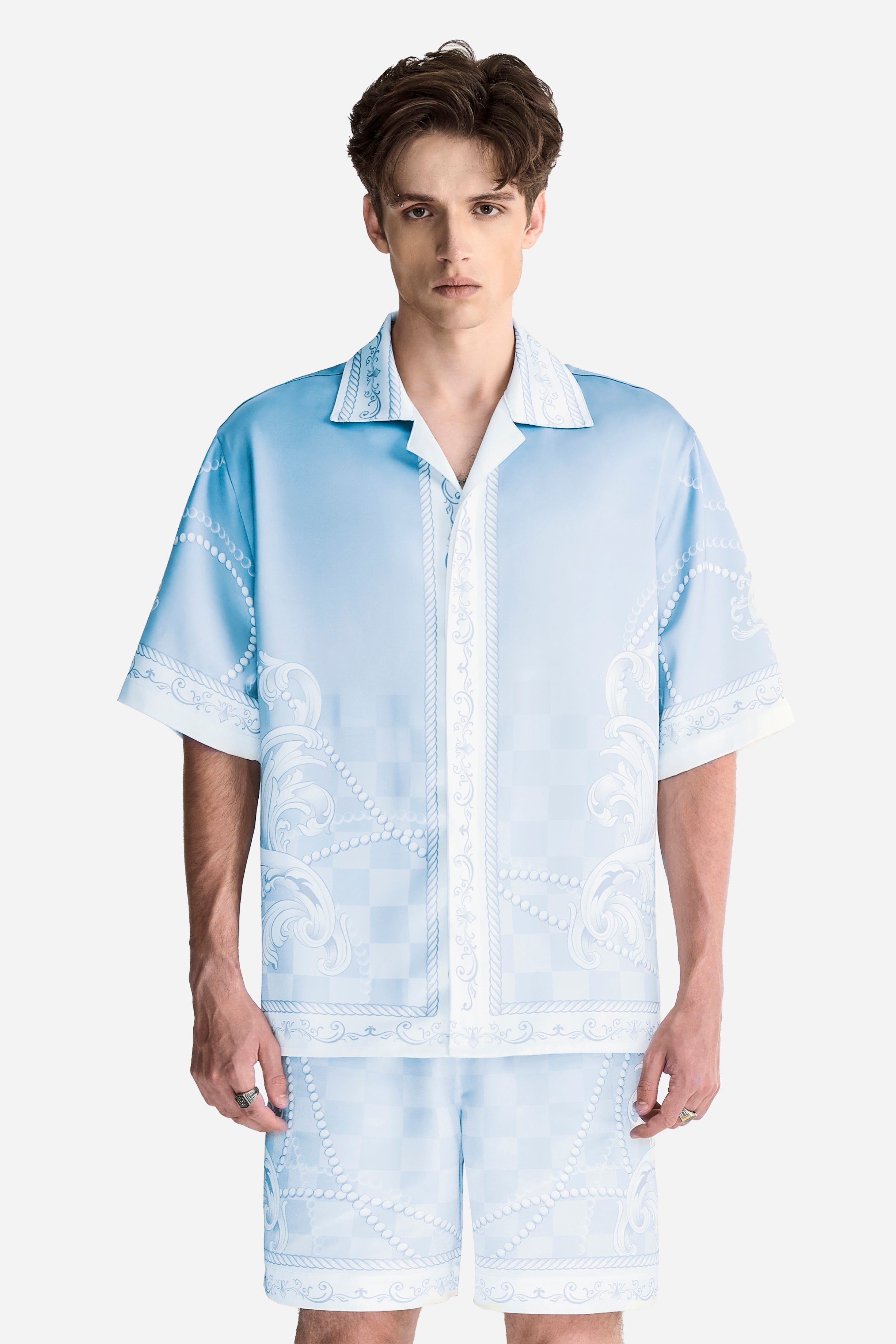 Epiphany Silk Shirt | Premium Printed Silk Cuban Collar Baroque Checkerboard Gradient Blue