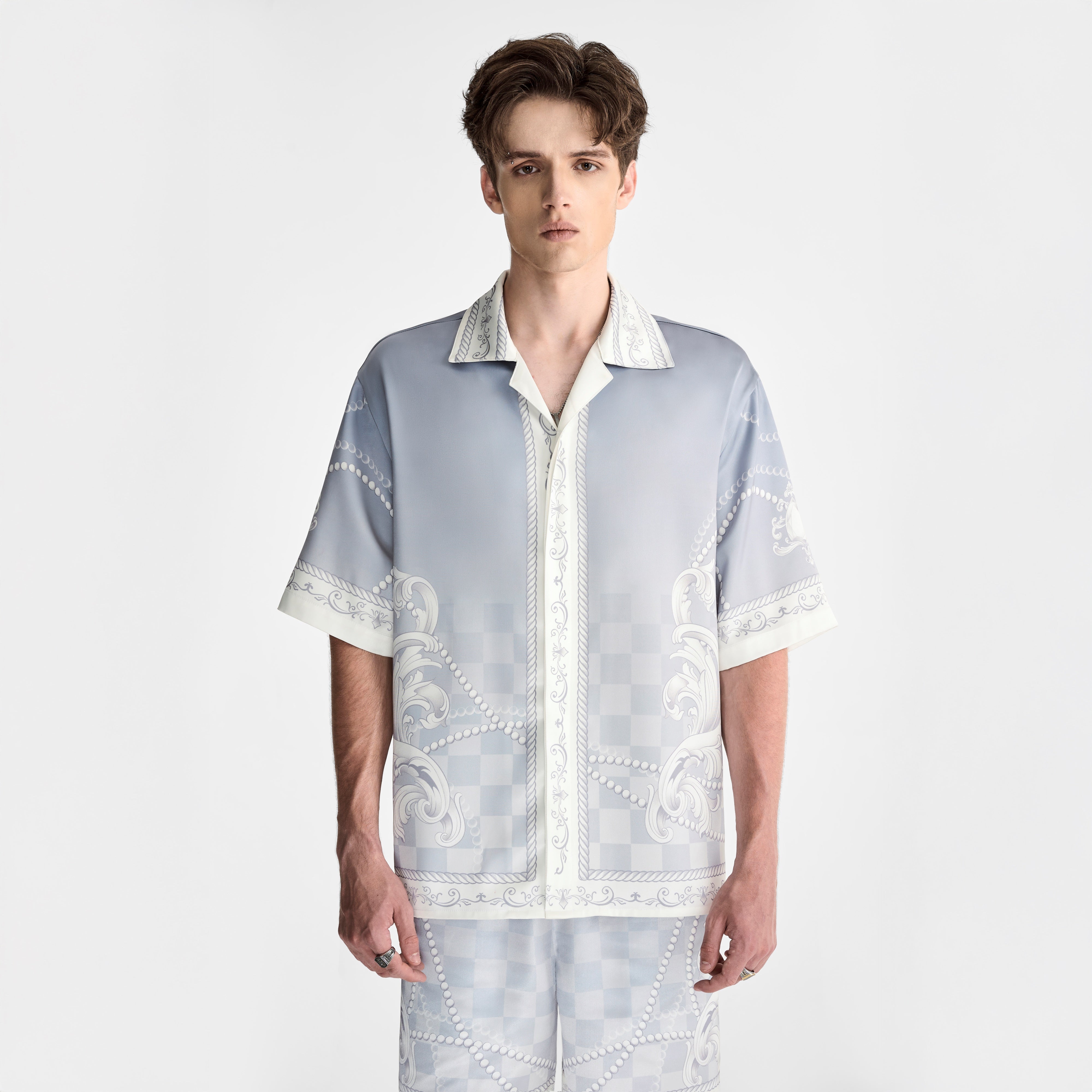 Epiphany Silk Shirt | Premium Printed Silk Cuban Collar Baroque Checkerboard Gradient Grey