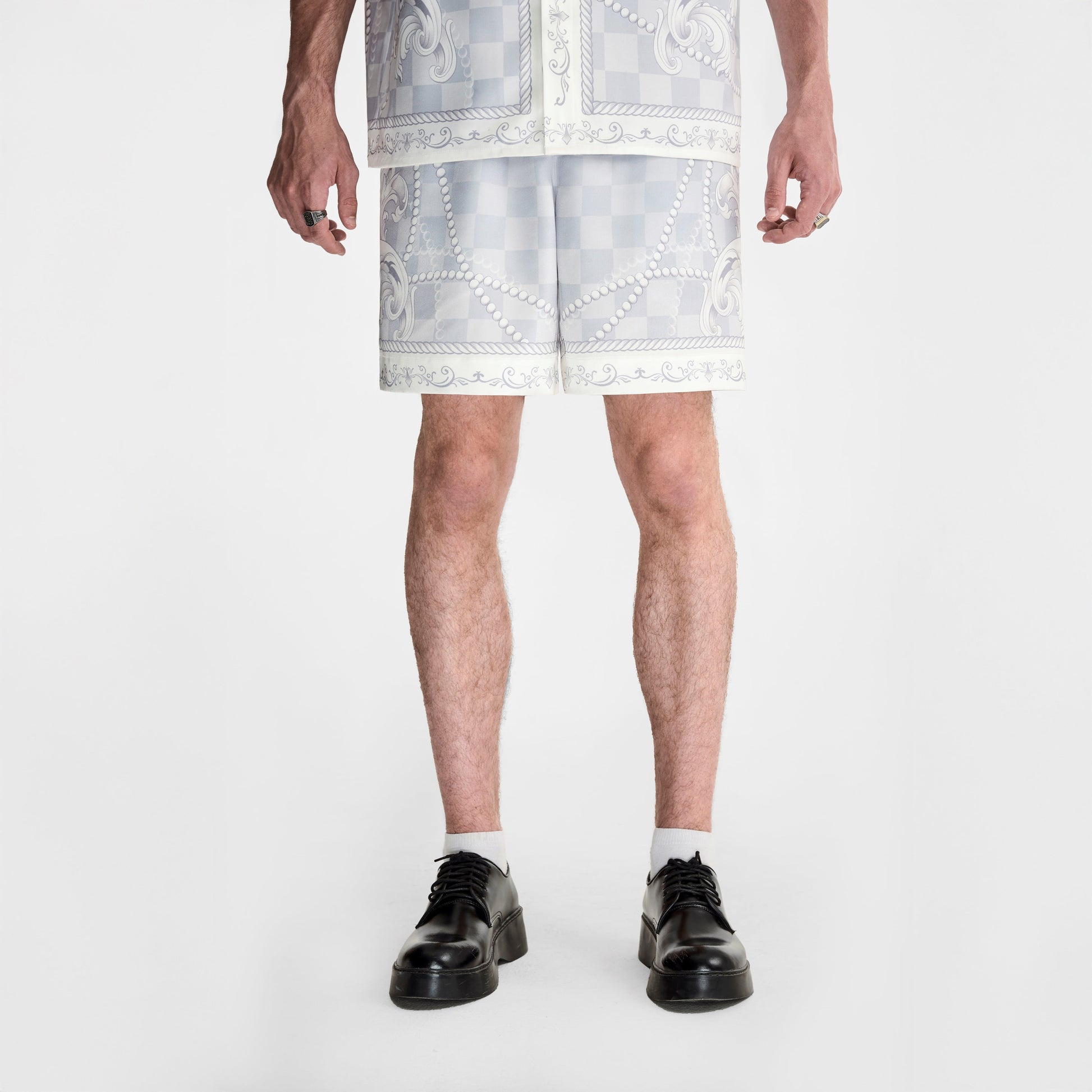 Epiphany Silk Shorts | Premium Printed Silk Tonal Checkerboard Gradient Grey