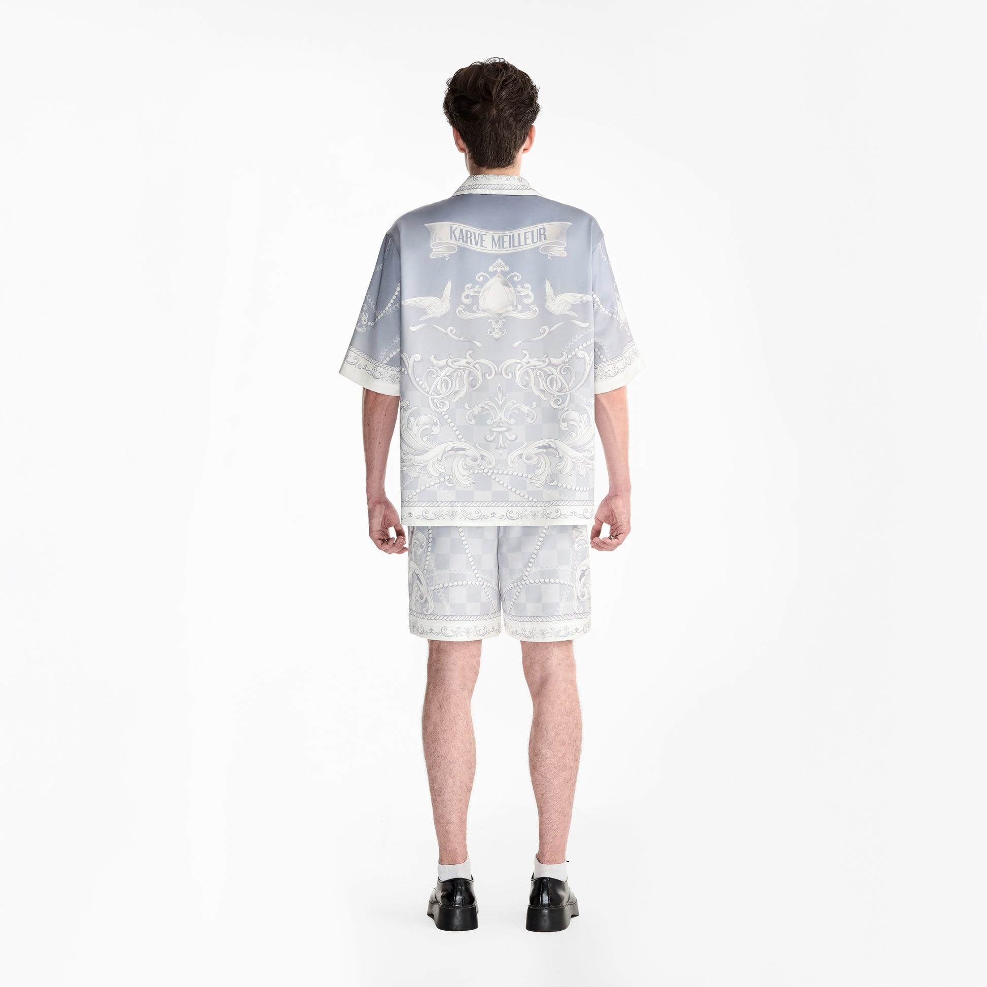 Epiphany Silk Shirt | Premium Printed Silk Cuban Collar Baroque Checkerboard Gradient Grey