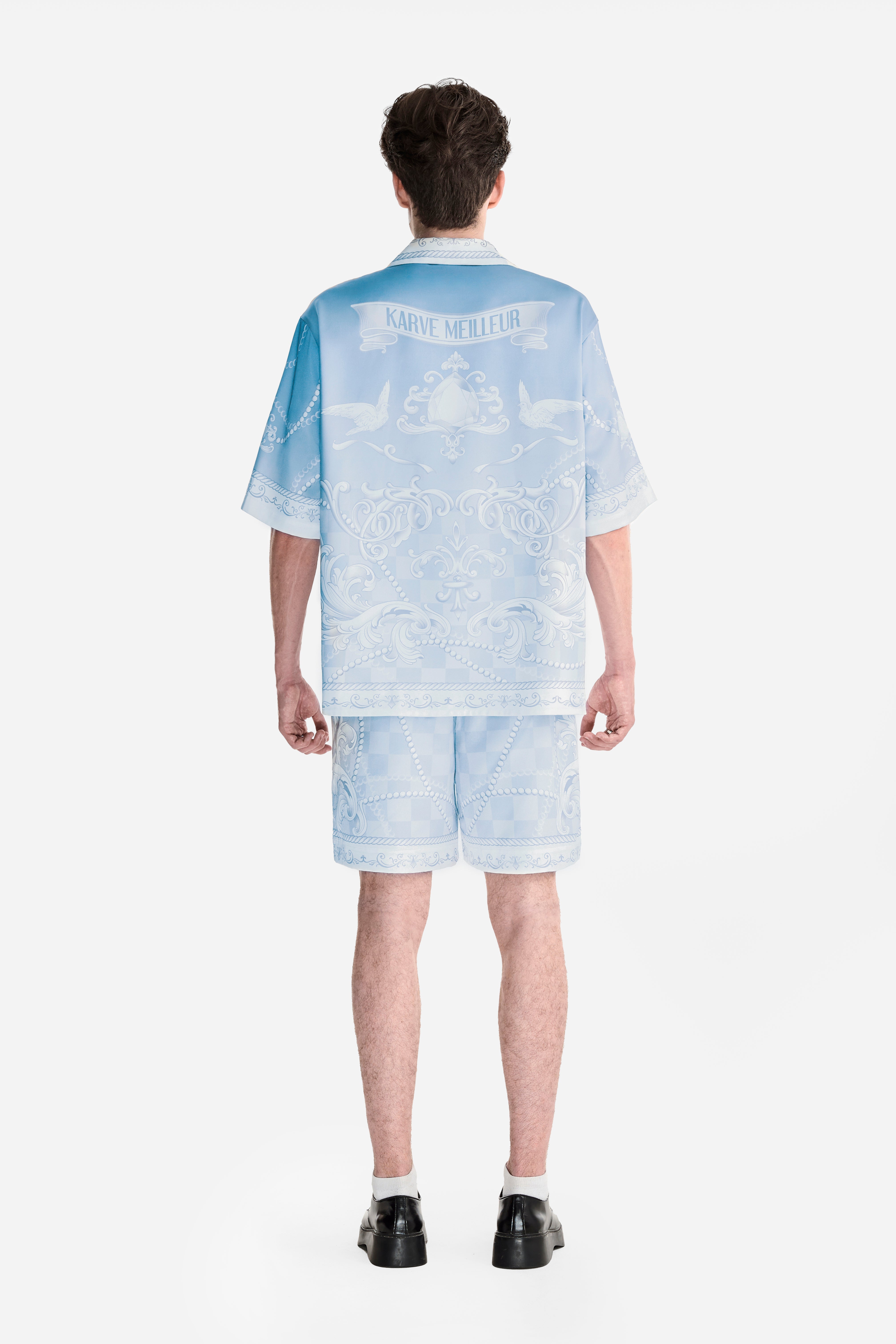 Epiphany Silk Shirt | Premium Printed Silk Cuban Collar Baroque Checkerboard Gradient Blue