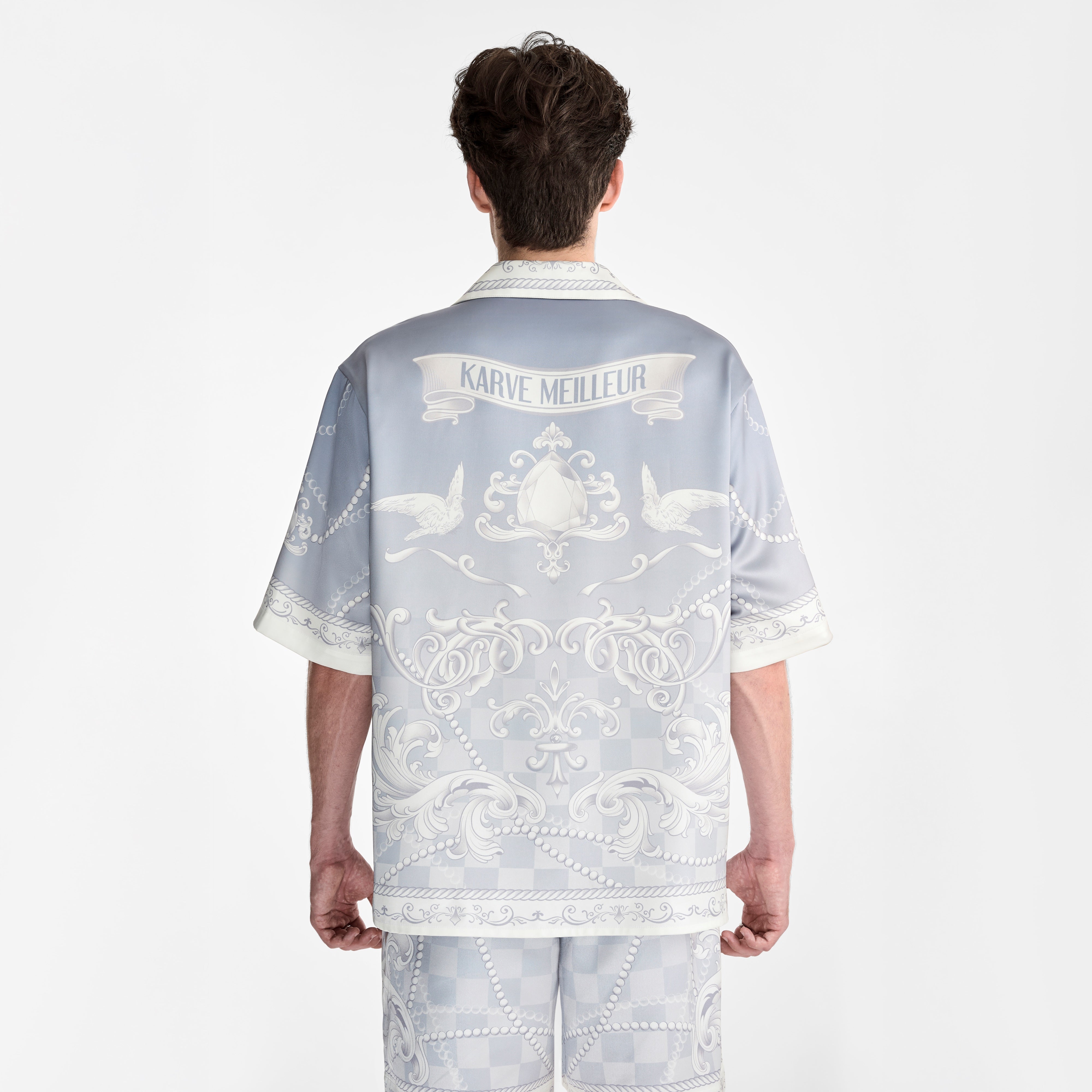 Epiphany Silk Shirt | Premium Printed Silk Cuban Collar Baroque Checkerboard Gradient Grey