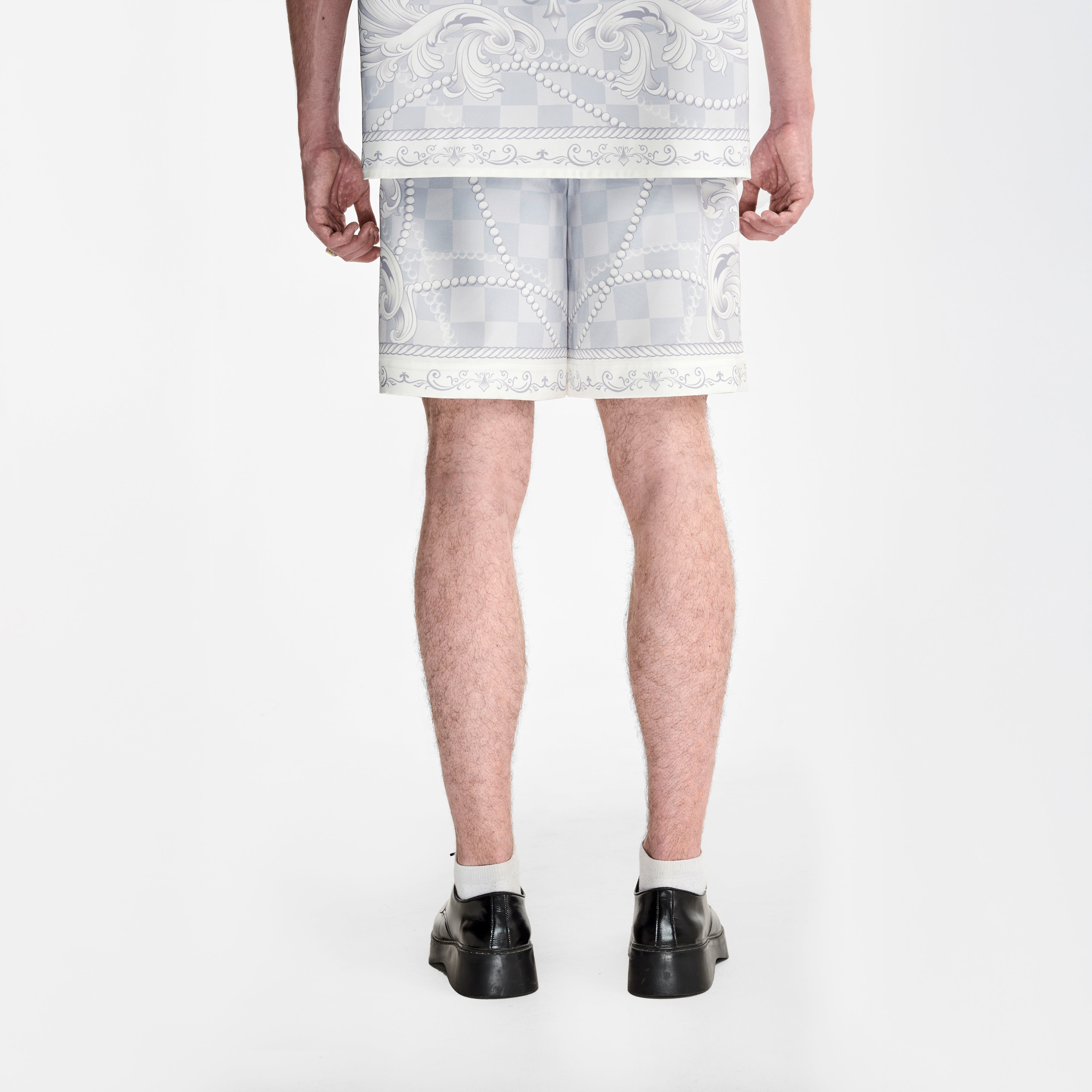 Epiphany Silk Shorts | Premium Printed Silk Tonal Checkerboard Gradient Grey