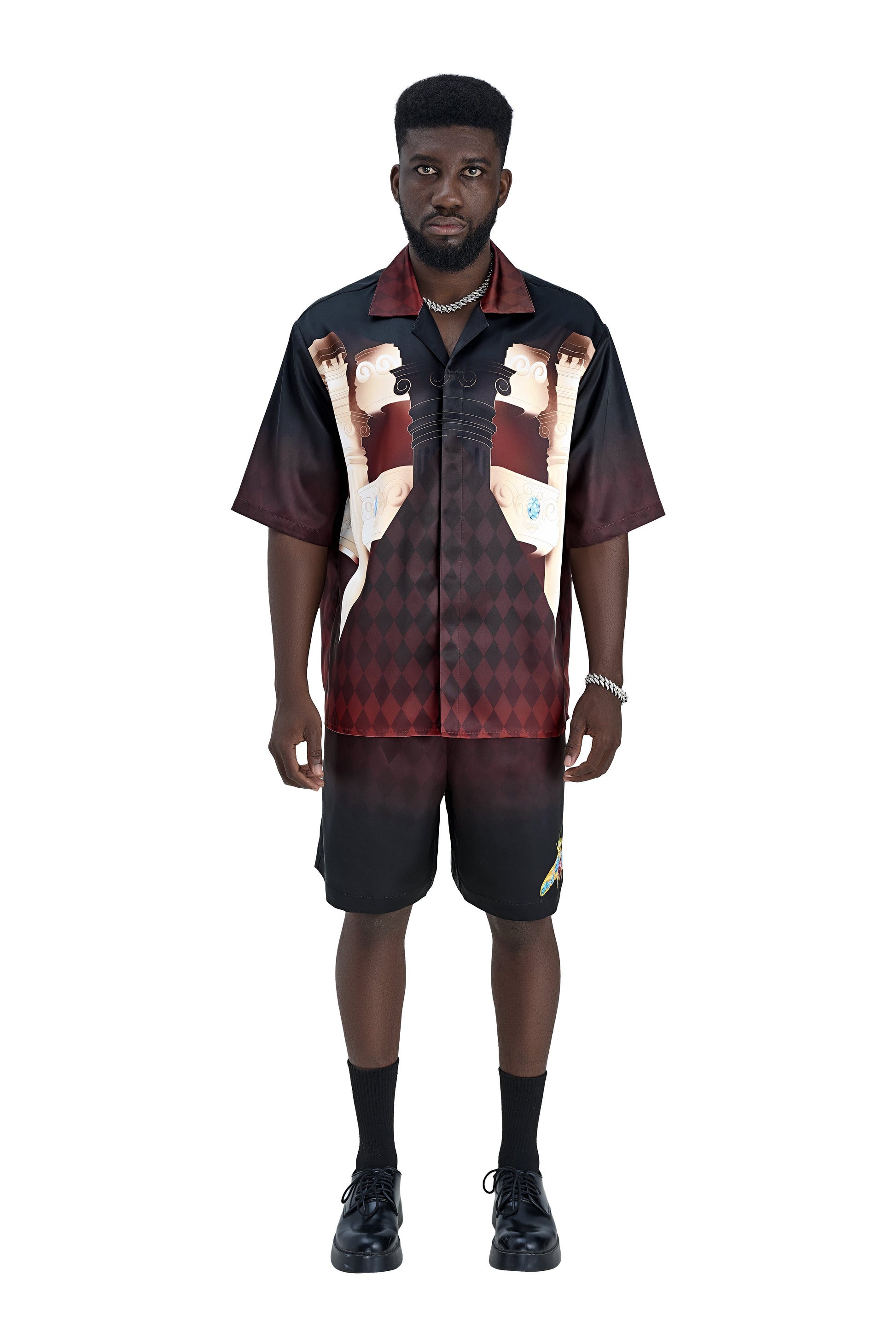Phantom Silk Shorts | Printed Silk Taffeta - Card Iconography, Burgundy Fade