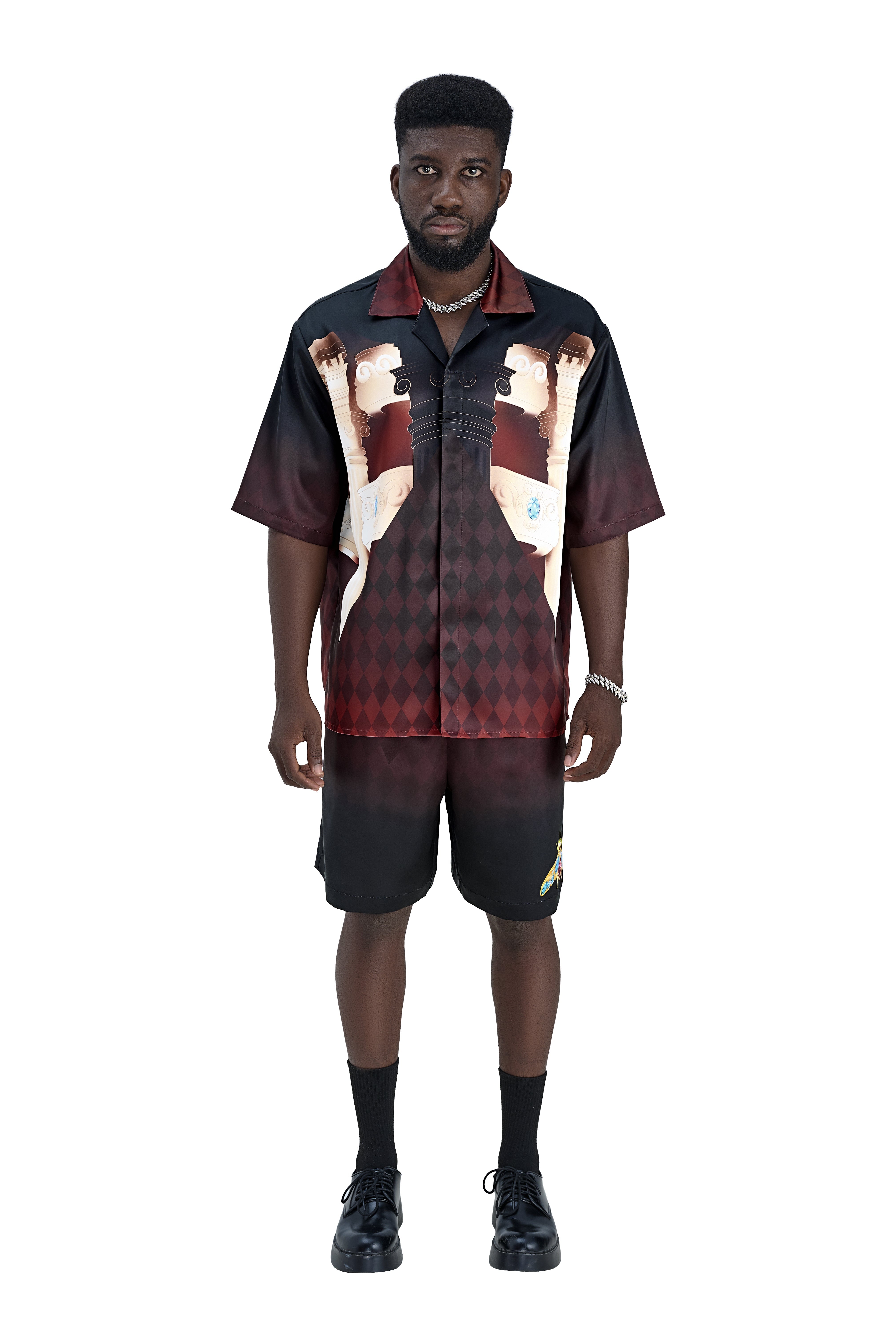Phantom Silk Shorts | Printed Silk Taffeta - Card Iconography, Burgundy Fade