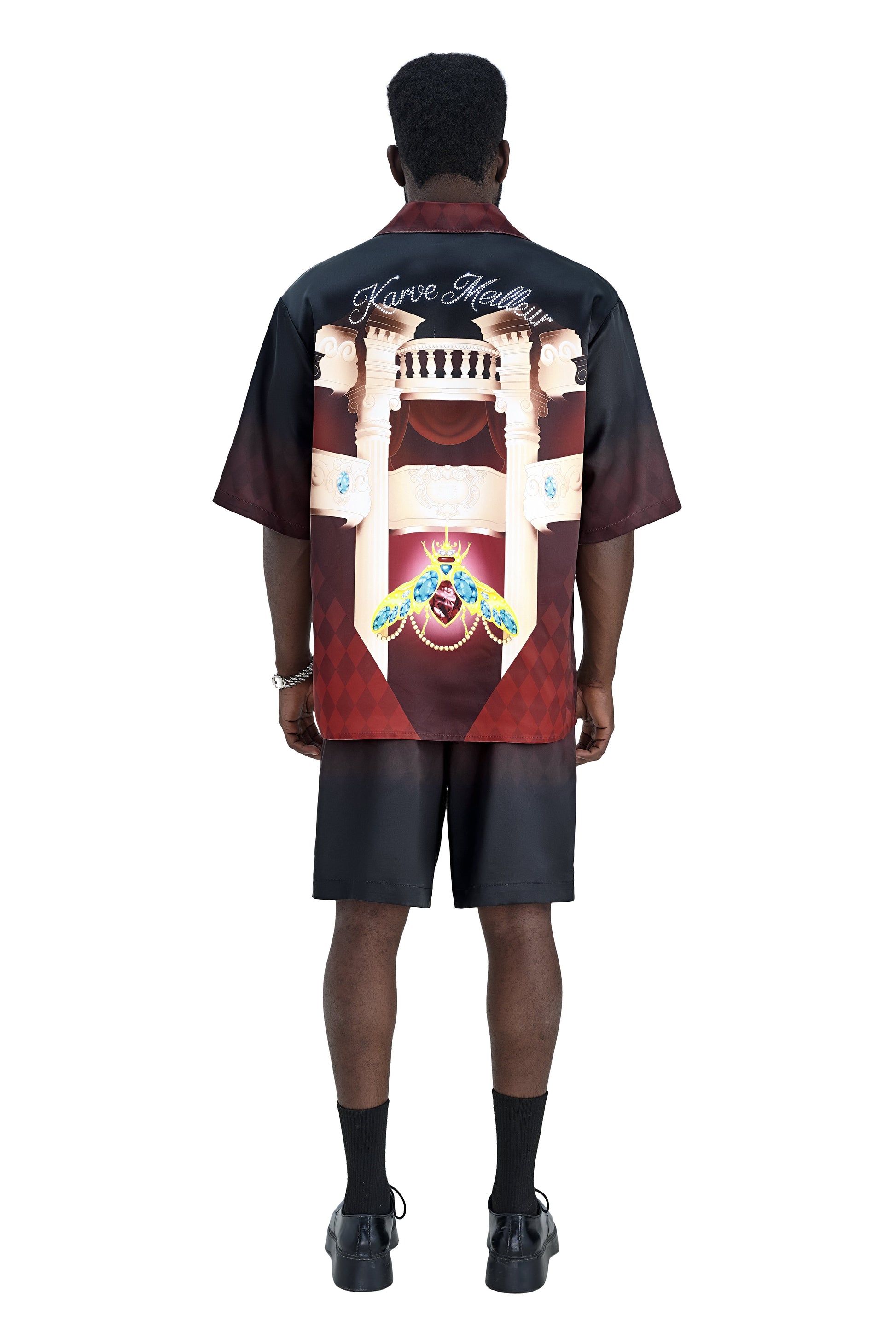 Phantom Silk Shorts | Printed Silk Taffeta - Card Iconography, Burgundy Fade