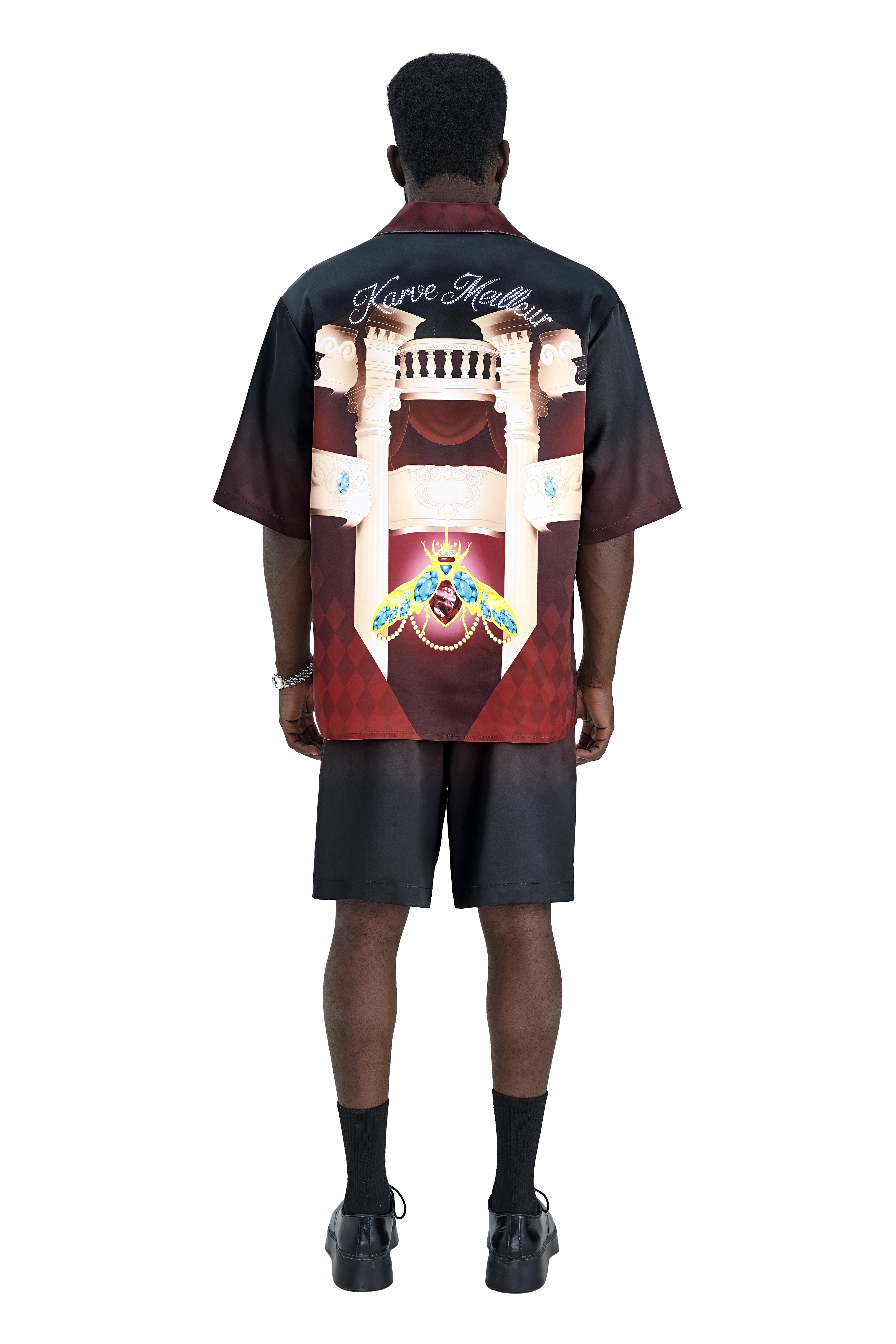 Phantom Silk Shorts | Printed Silk Taffeta - Card Iconography, Burgundy Fade