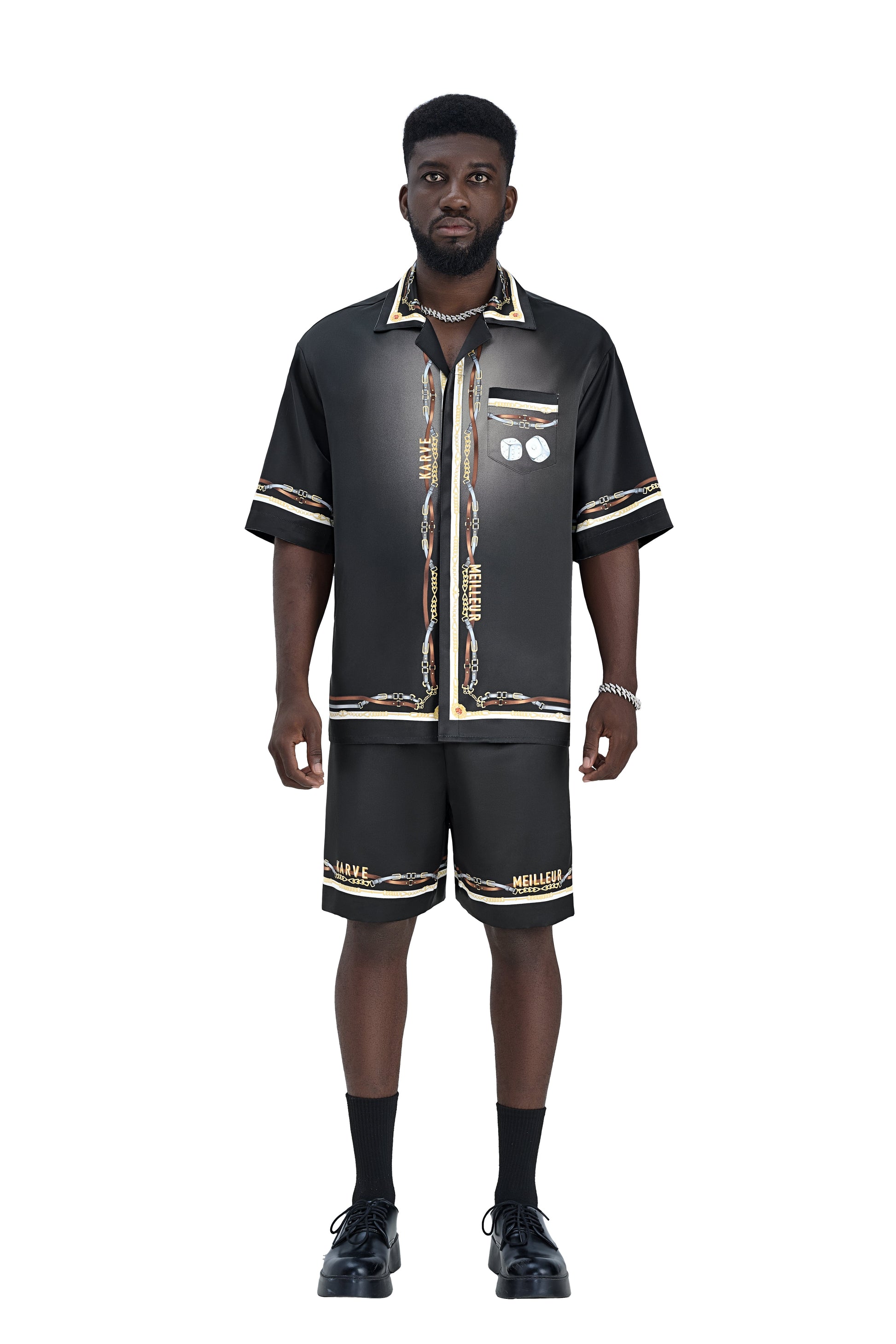 Black Ace Silk Shirt | Printed Silk Cuban Collar Short Sleeve Decadent Dice Game