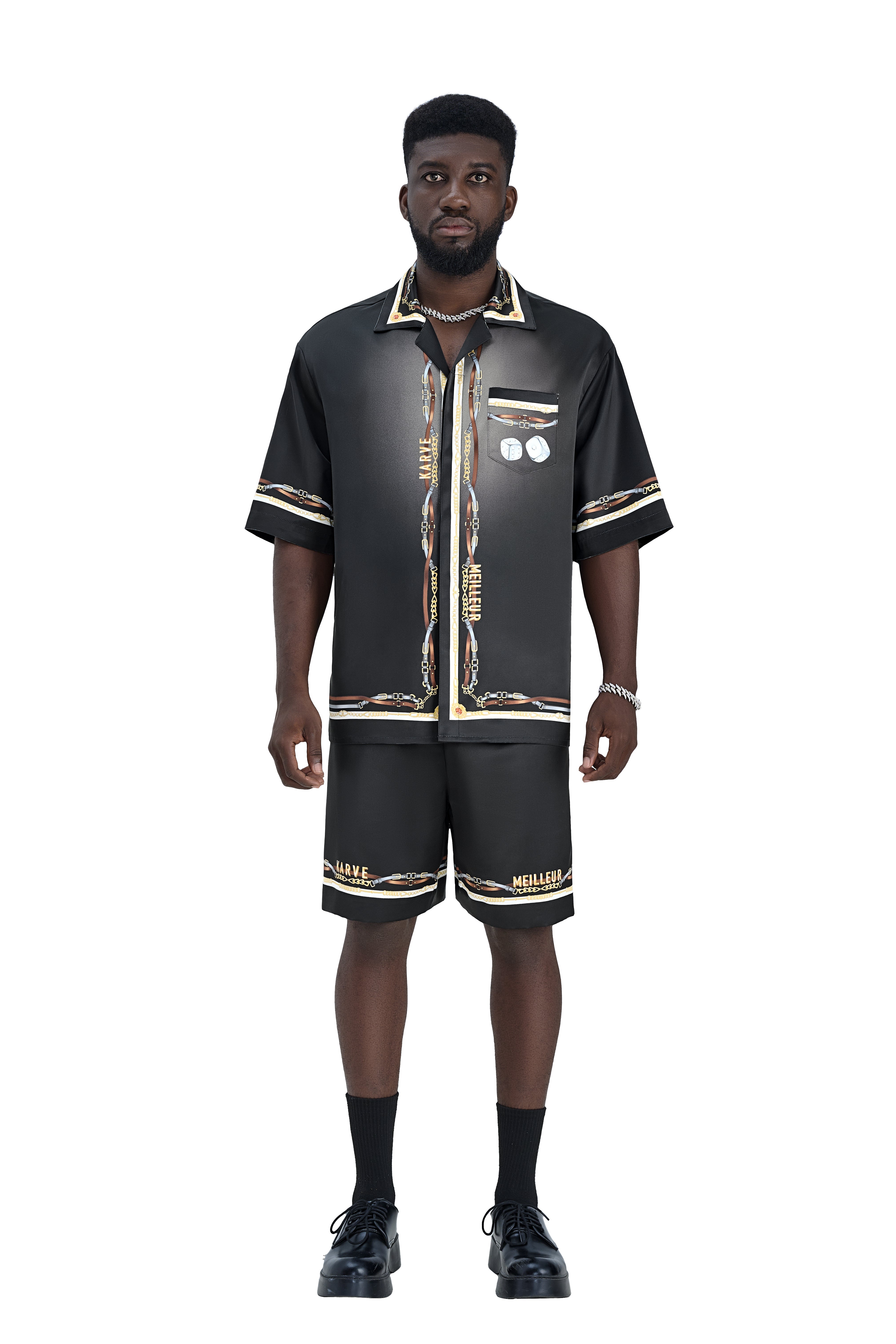 Black Ace Silk Shirt | Printed Silk Cuban Collar Short Sleeve Decadent Dice Game