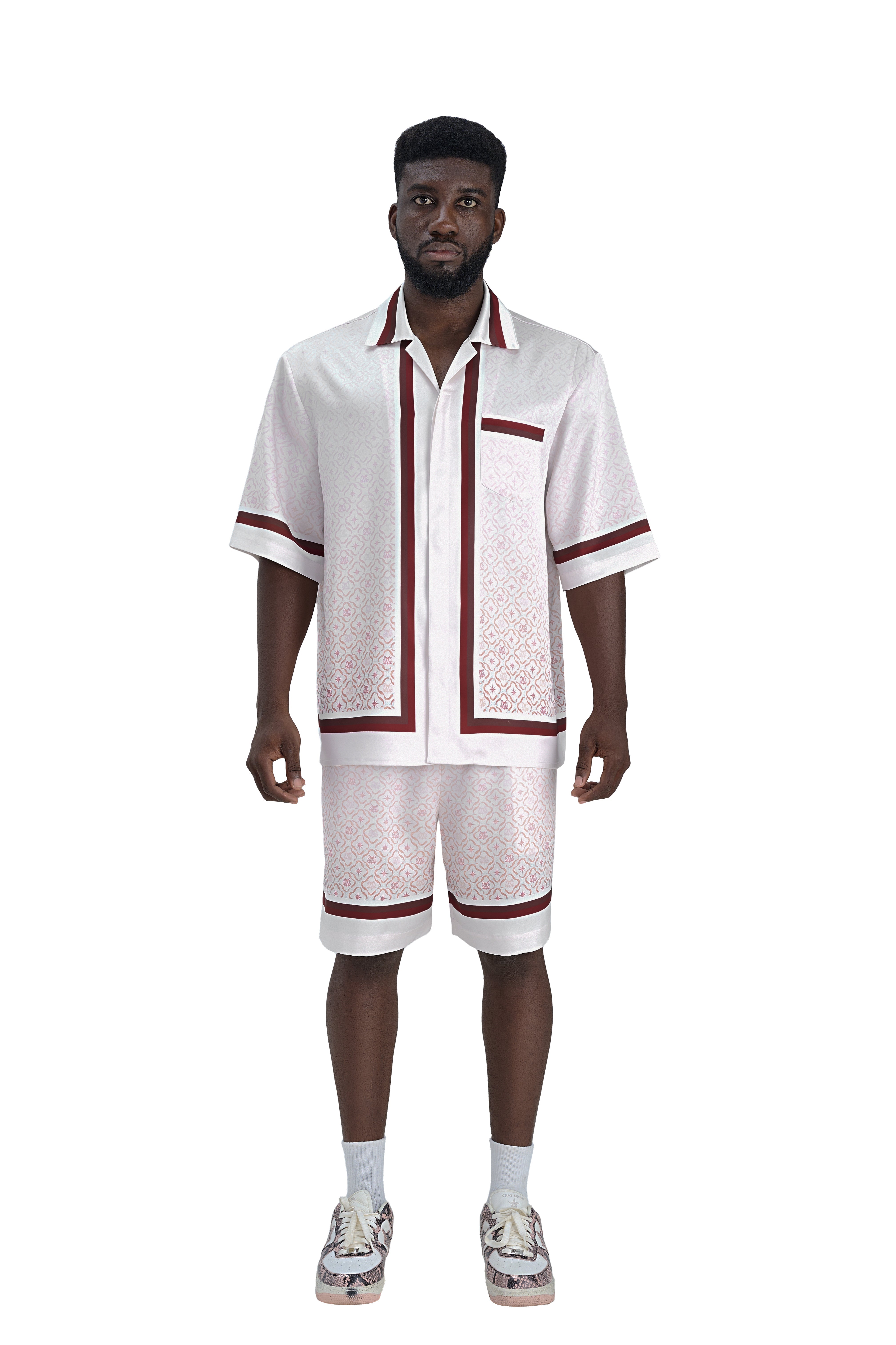 K Mania Red Silk Shirt | Printed Silk Short-Sleeve Luxury Monogram Design