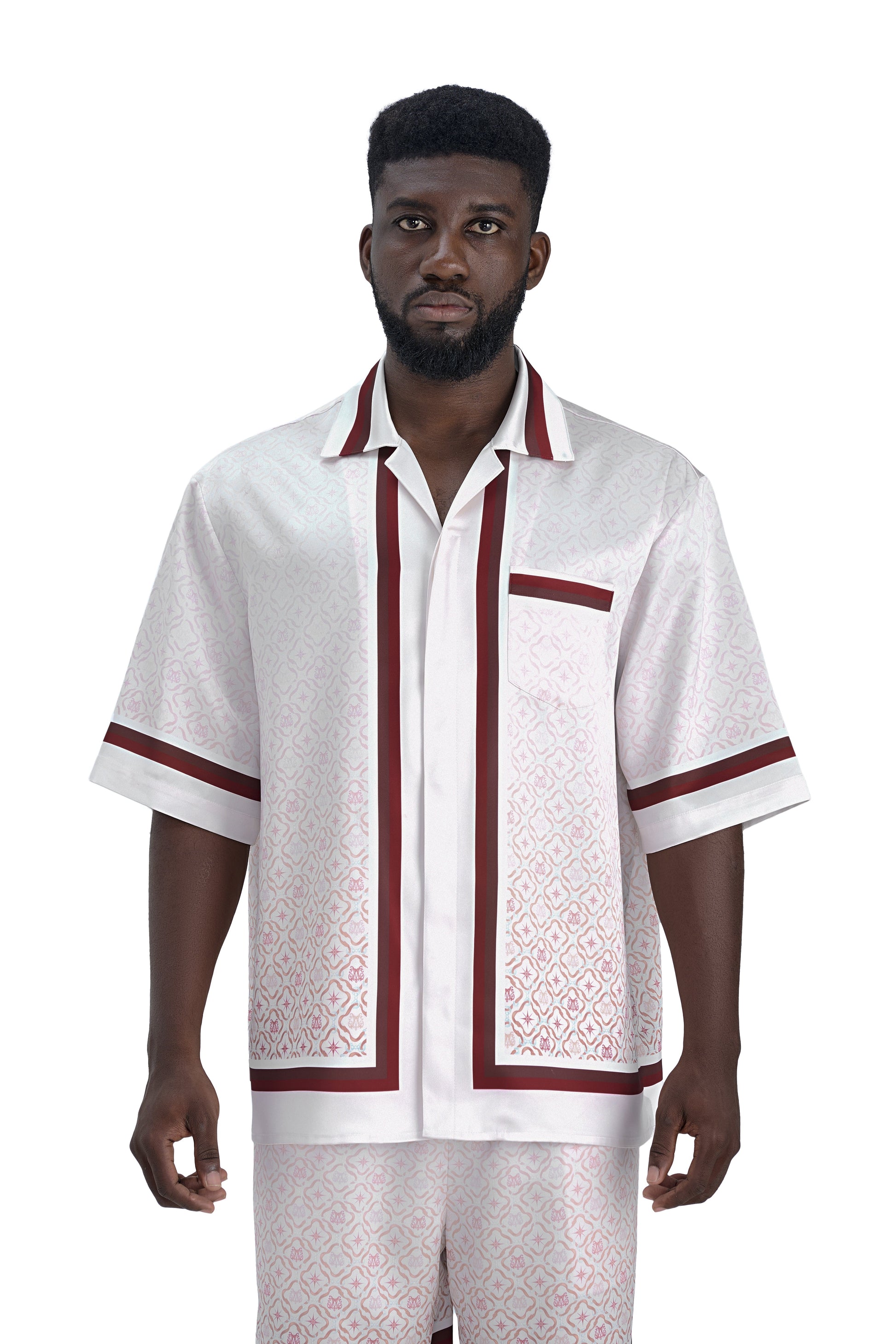 K Mania Red Silk Shirt | Printed Silk Short-Sleeve Luxury Monogram Design