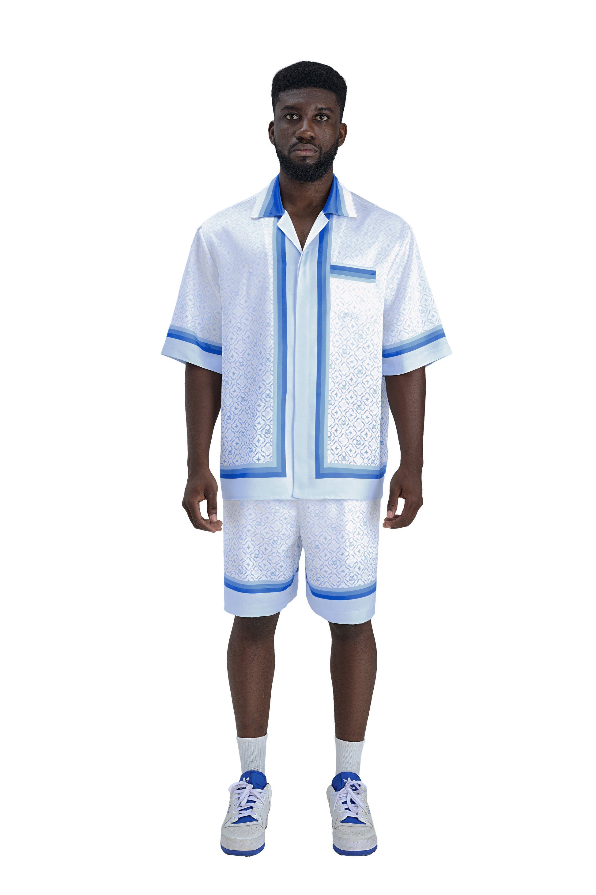 K Mania Blue Silk Shirt | Printed Silk Short-Sleeve Luxury Monogram Design
