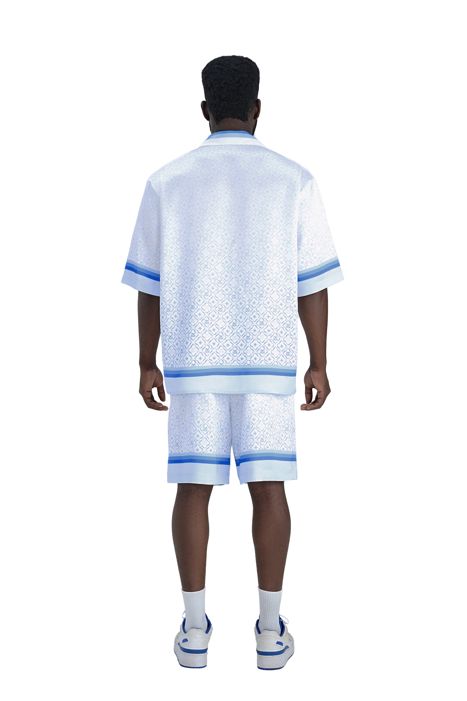 K Mania Blue Silk Shirt | Printed Silk Short-Sleeve Luxury Monogram Design
