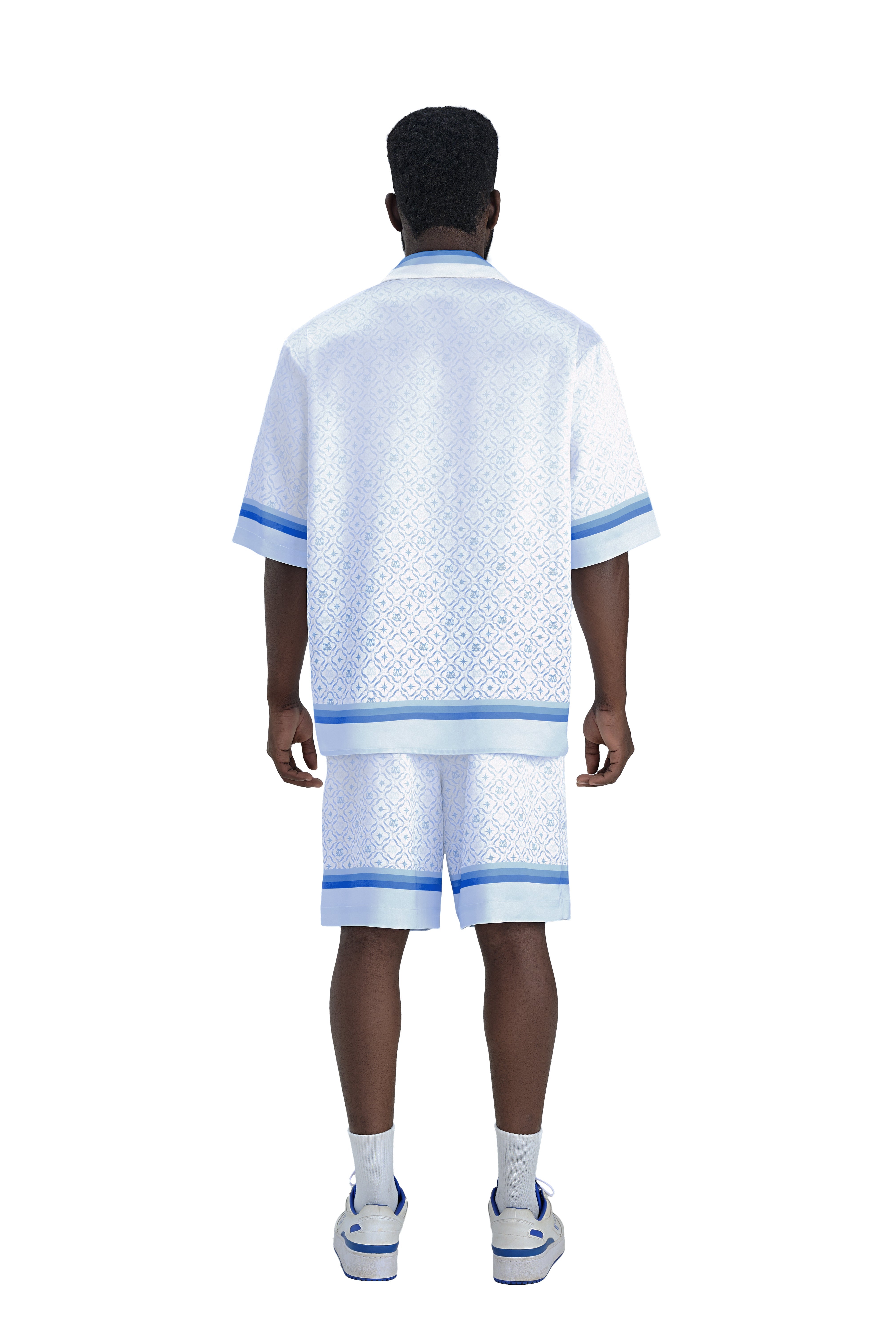 K Mania Blue Silk Shirt | Printed Silk Short-Sleeve Luxury Monogram Design