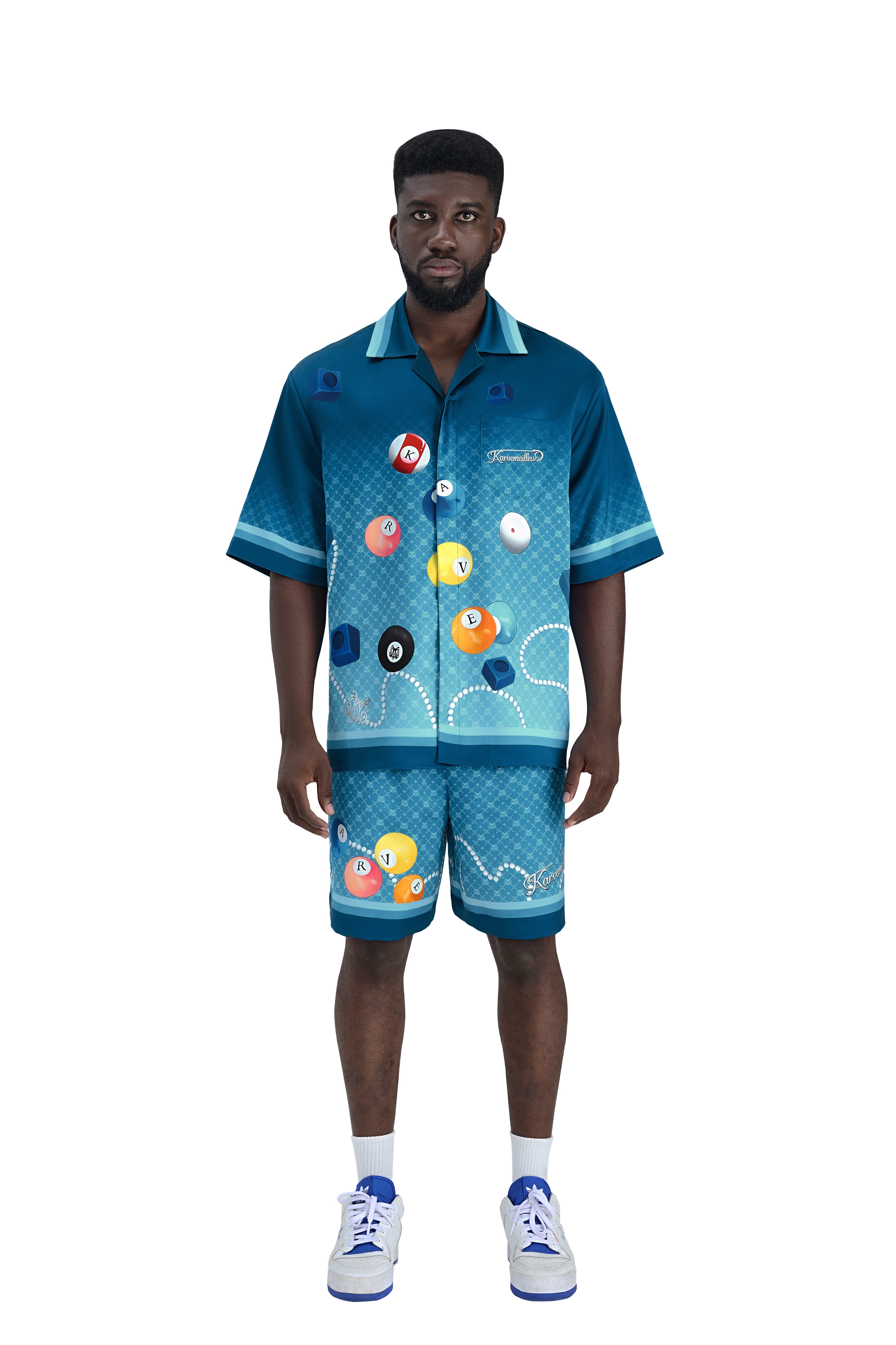 8Pools Blue Silk Shirt | Printed Silk Taffeta Cuban Collar Short Sleeve Nightlife Billiard Game