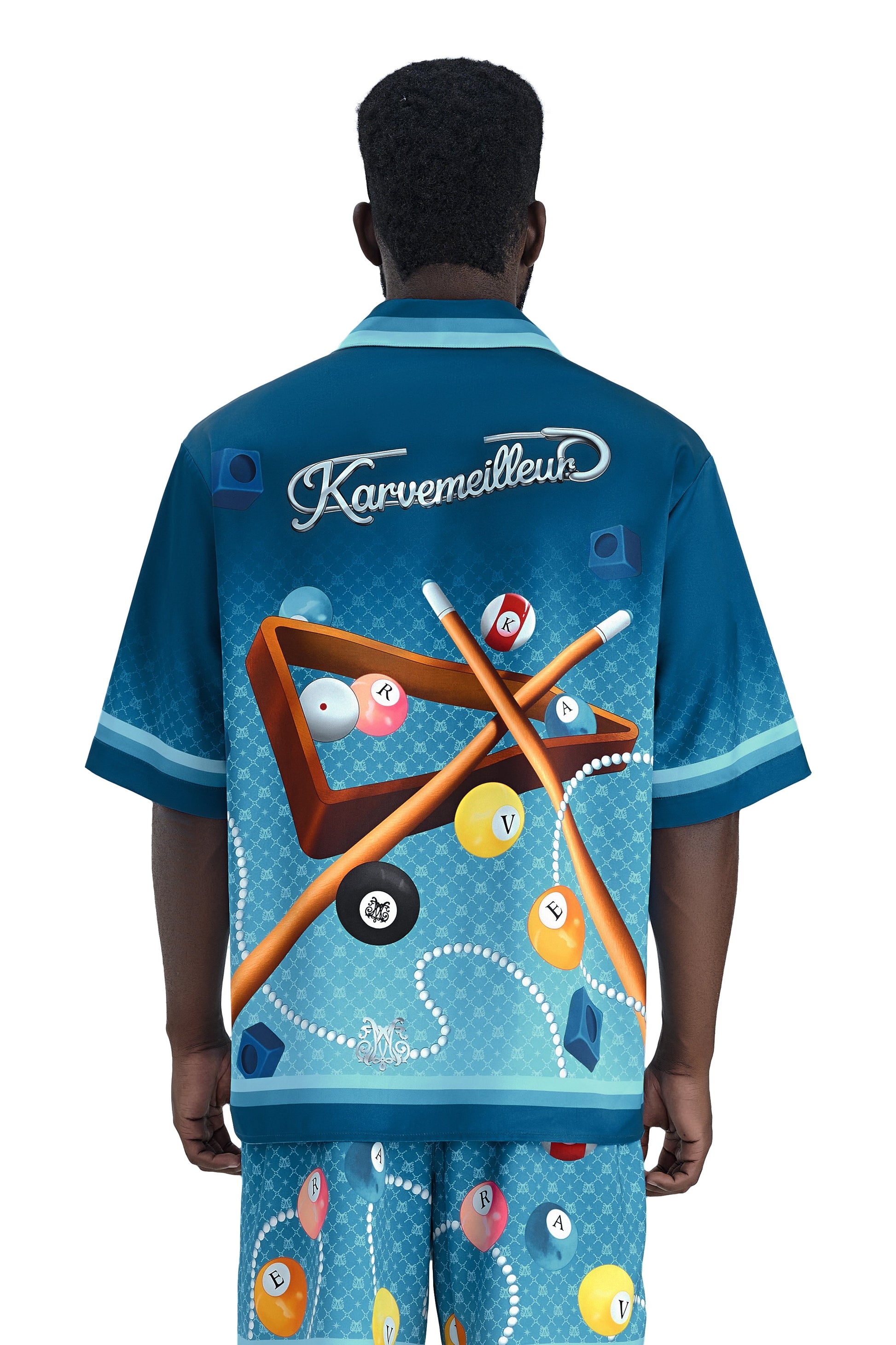 8Pools Blue Silk Shirt | Printed Silk Taffeta Cuban Collar Short Sleeve Nightlife Billiard Game