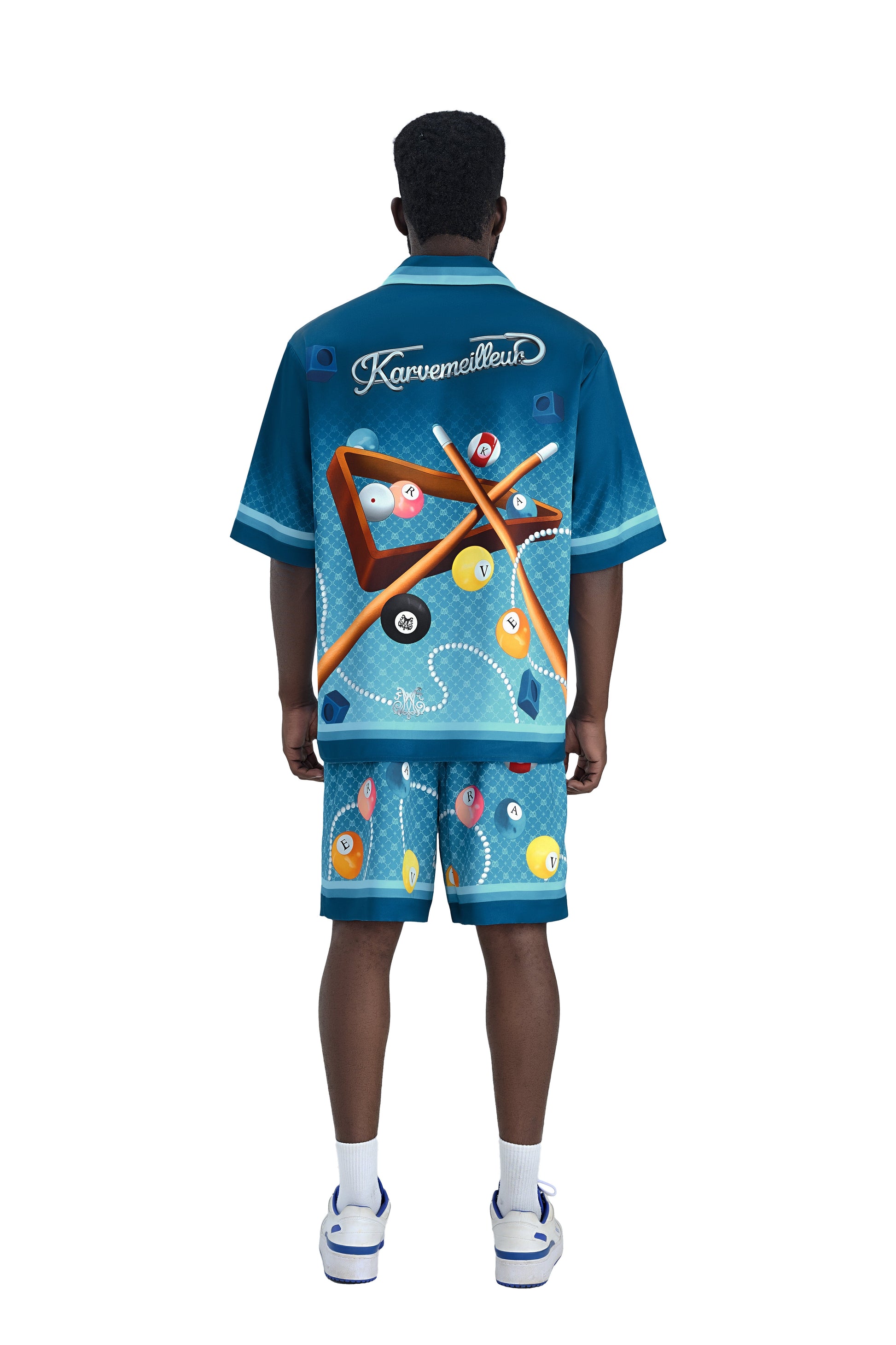 8Pools Blue Silk Shorts | Printed Silk Taffeta Relaxed Fit Nightlife Billiard Game