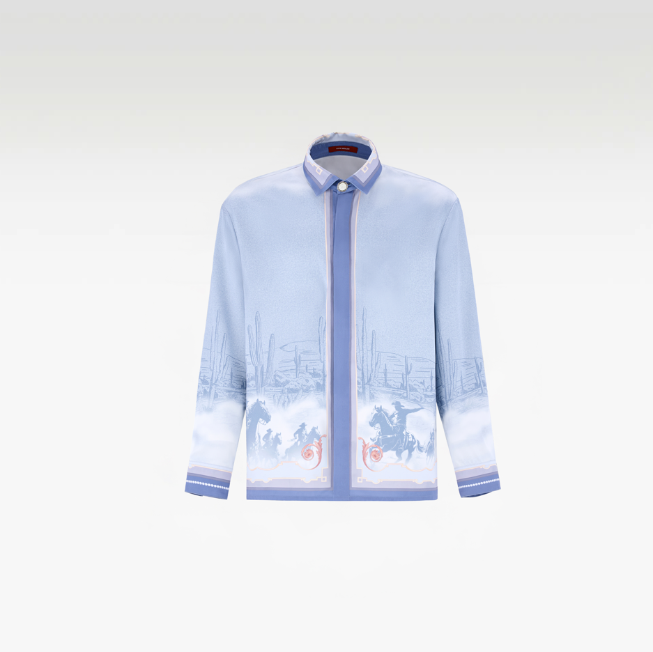 Bit Of Blue Long-Sleeved Silk Shirt | Premium Printed Silk Western Cowboy Streetstyle