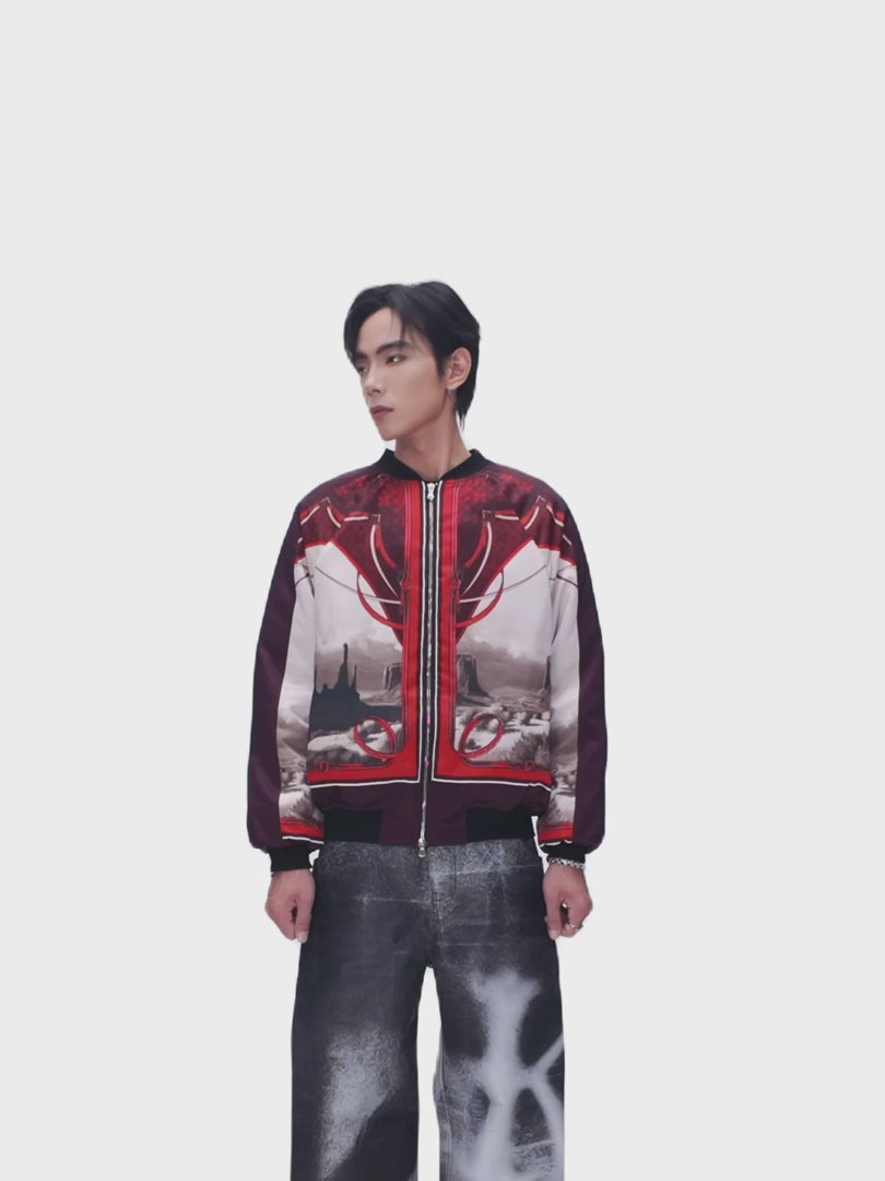 The Monarch Bomber Jacket | Canyon Landscape Print Urban Harness Statement