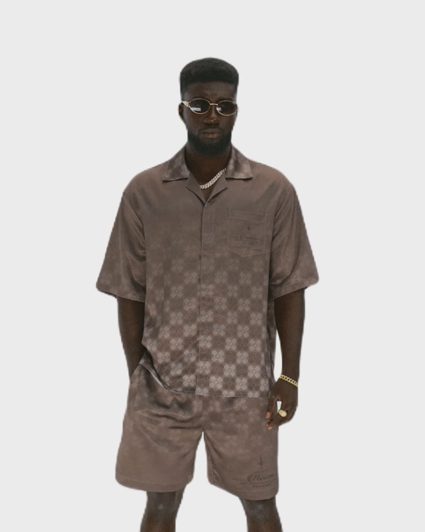 Clay Horizon Silk Shirt | Printed Silk Short-Sleeve Luxury Blurred Monogram