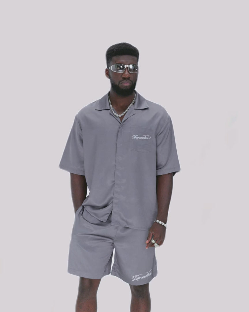 Silver Dust Silk Shirt | Premium Printed Silk Taffeta Cuban Collar Short Sleeve Minimalist Slogan