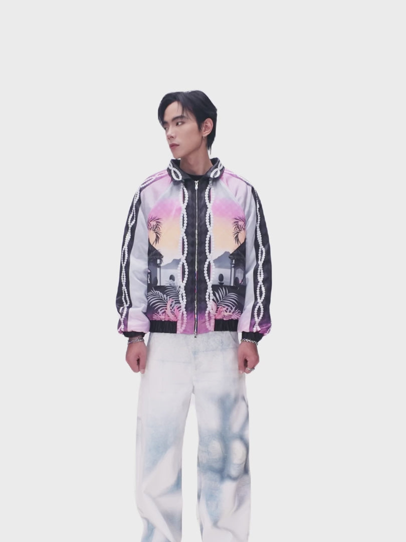 The Midnight Luxe Bomber Silk Jacket | Premium Silk Satin Tropical Twilight Scene Print