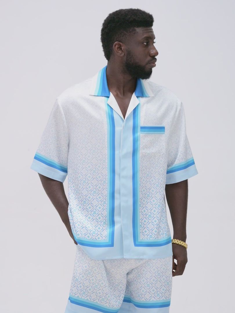 K Mania Blue Silk Shirt | Printed Silk Short-Sleeve Luxury Monogram Design