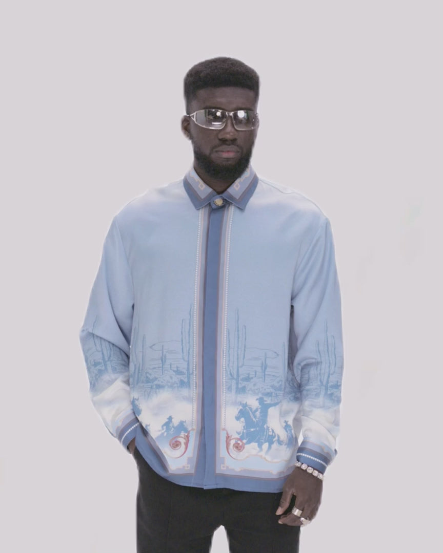 Bit Of Blue Long-Sleeved Silk Shirt | Premium Printed Silk Western Cowboy Streetstyle