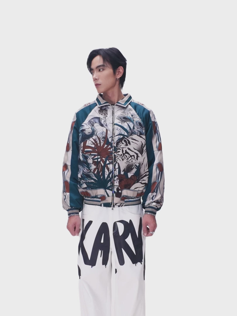 The Apex Safari Silk Bomber Jacket | Premium Satin Tropical Wildlife Print