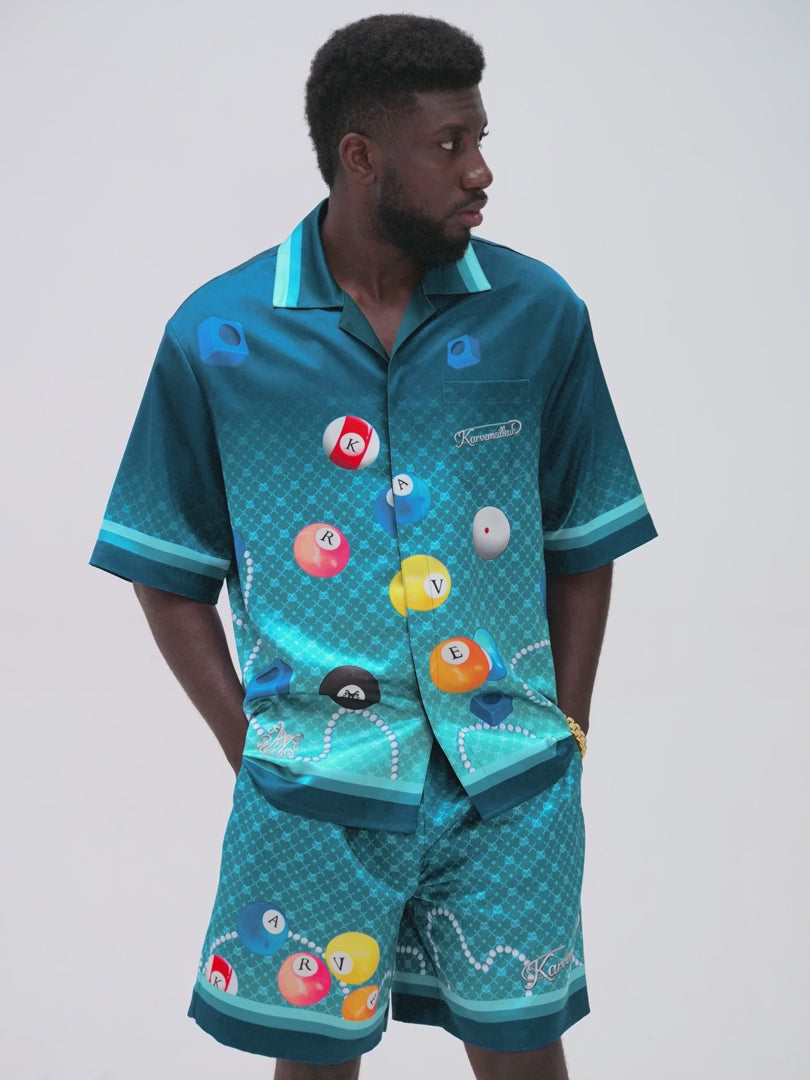 8Pools Blue Silk Shirt | Printed Silk Taffeta Cuban Collar Short Sleeve Nightlife Billiard Game
