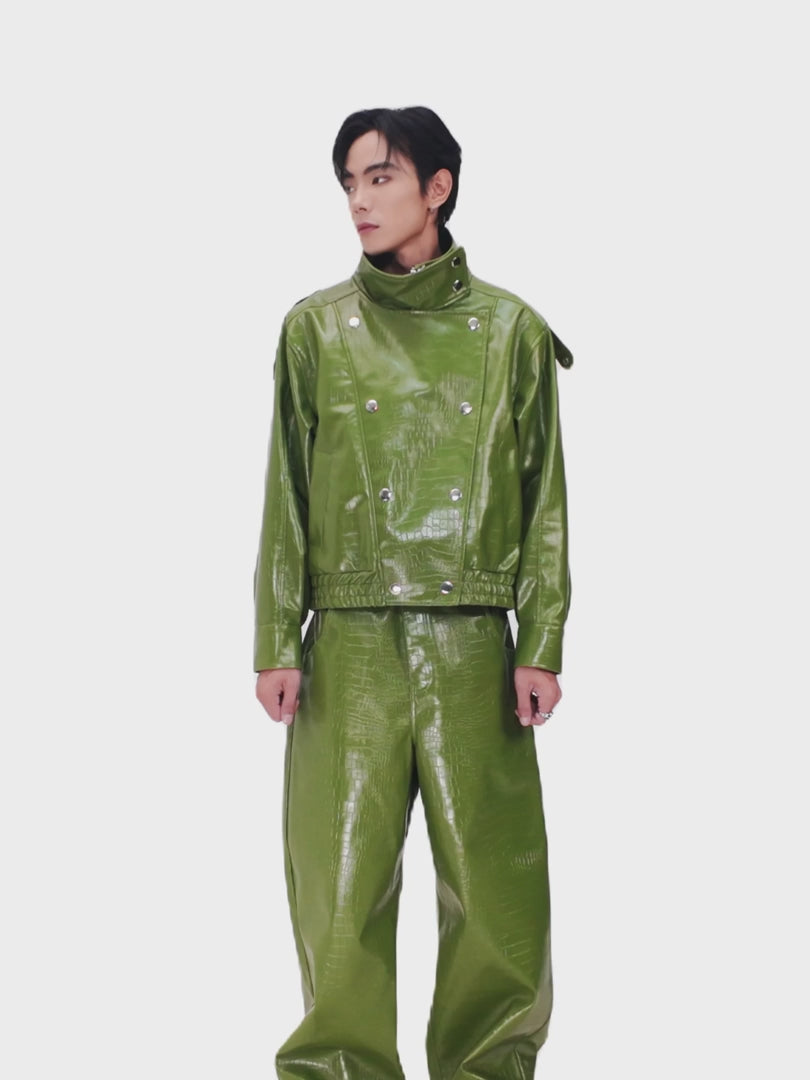 The Obsidian Cipher PU Leather Pants | Green Croc Faux Leather Fit