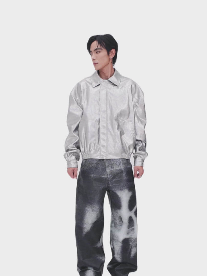 The Soft Decree Faux Leather Jacket | Metallic Shimmer Oversized Bomber Shirt Collar Techwear