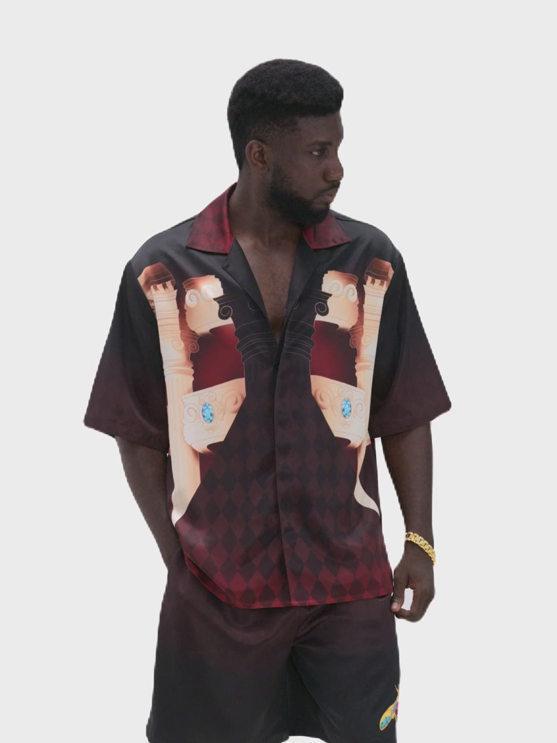 Phantom Silk Shorts | Printed Silk Taffeta - Card Iconography, Burgundy Fade