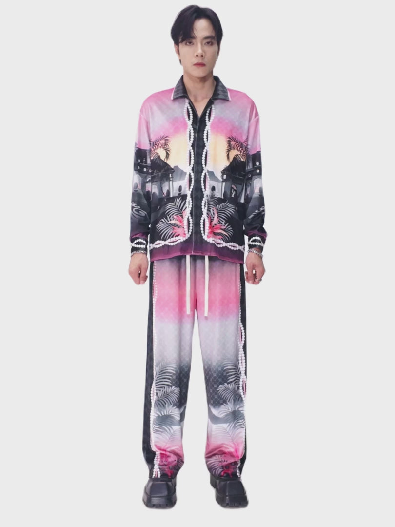 The Pink Smoke Paradise Velvet Shirt | Premium Velvet Relaxed Psychedelic