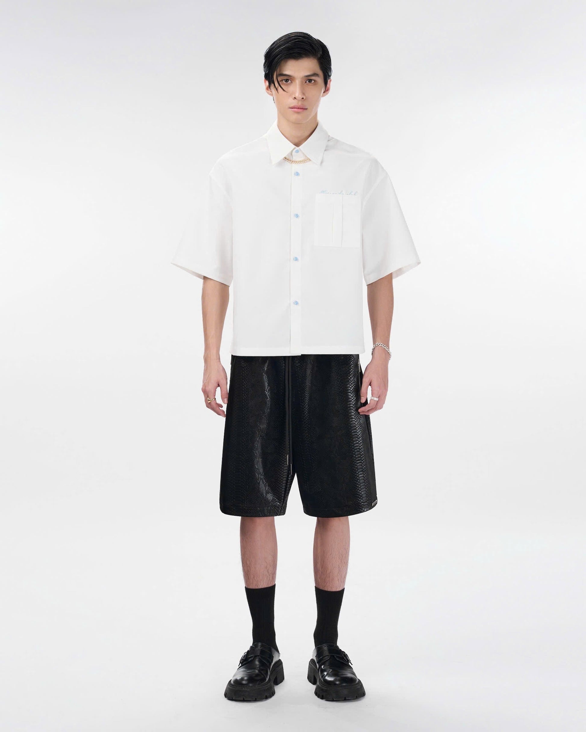 Cross Leather Shorts | Black Pythonskin Embossed Faux Leather Streetwear
