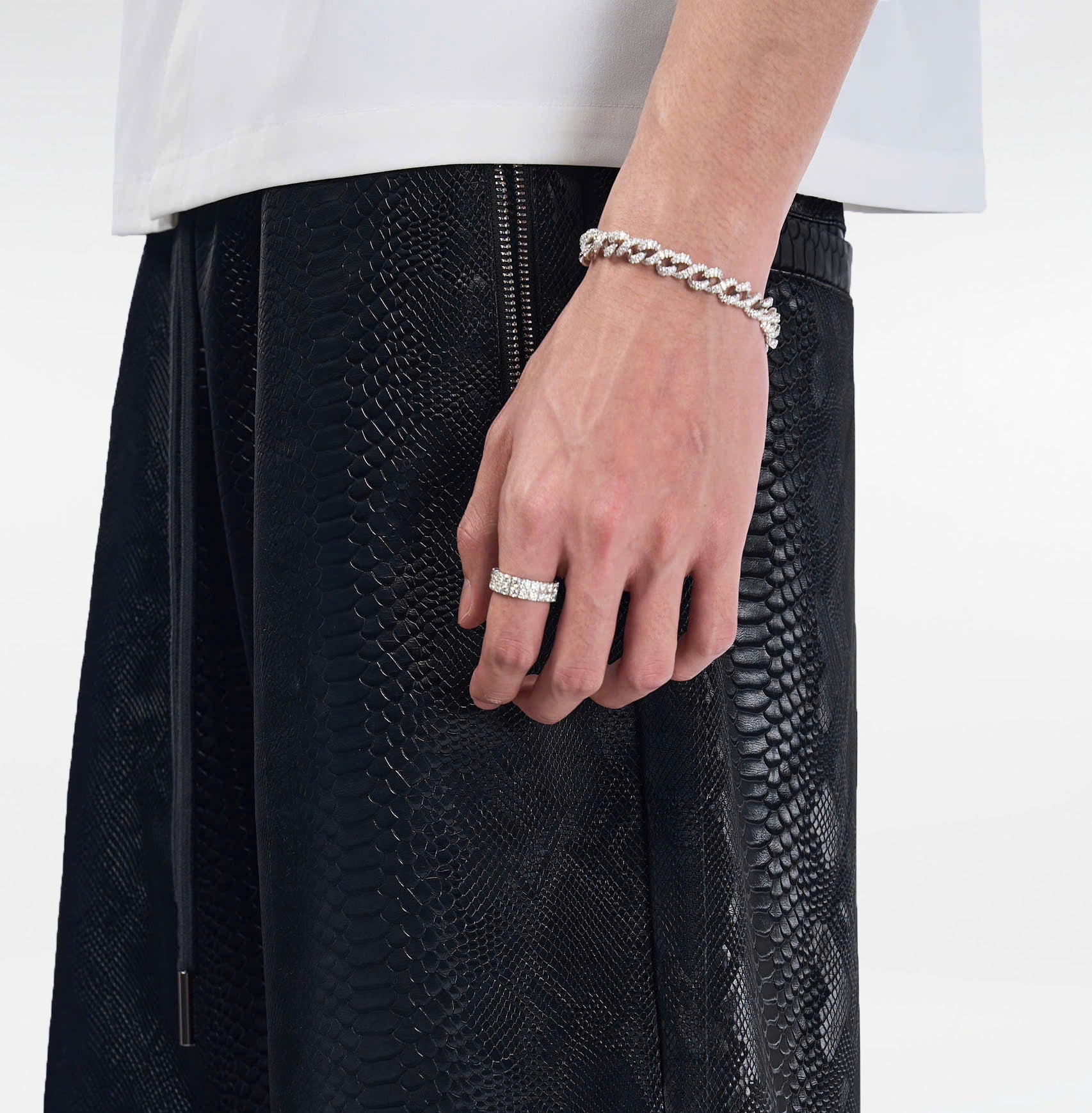 Cross Leather Shorts | Black Pythonskin Embossed Faux Leather Streetwear